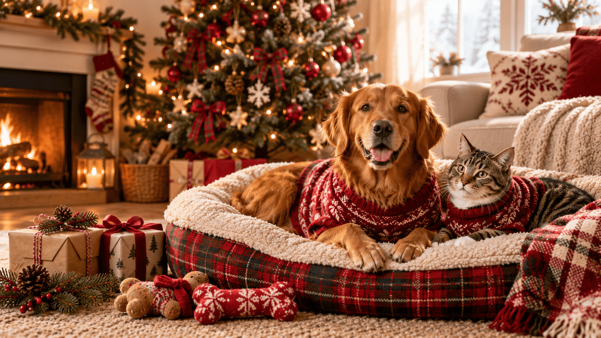 A dog and cat beside a Christmas tree and wrapped gifts