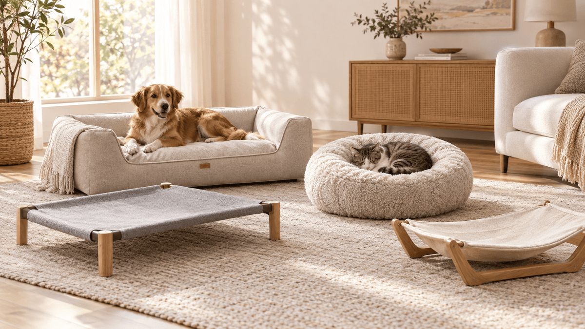 Pet beds and sofas in a sunlit home