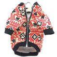 Load image into Gallery viewer, Dog hoodie with red and cream geometric print; zip-front; black rib cuffs and hem; For Animals, With Love