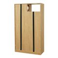Load image into Gallery viewer, Rear angled view of The Curator Cat Bookshelf in Natural showing the back panels and open upper section