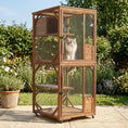 Bild in Galerie-Betrachter laden, Large 2-tier wooden outdoor cat enclosure on lockable wheels with predator-proof wire mesh.