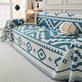 Load image into Gallery viewer, Boho-Chic All-Season Sofa Cover in blue-and-white geometric pattern with fringe trim on a sofa