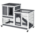 Load image into Gallery viewer, PawHut wooden rabbit hutch elevated bunny cage, white and gray frame with wire enclosure on caster wheels