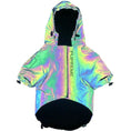 Cargar la imagen en la vista de la galería, Microcrystalline reflective dog jacket by Pet Zen with hood in iridescent rainbow finish