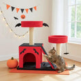 Load image into Gallery viewer, Tabby cat beside the Nocturne gothic cat tree ramp in a room decorated with pumpkins and an orange rug