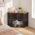 Carica l'immagine nel visualizzatore della galleria, DirectDeals wooden dog crate end table with adjustable bowl rack, black frame and 2 bowls.