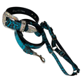 Load image into Gallery viewer, Blue and black Serpente harness set in teal snake-print with rhinestone buckles by Allysa Payne Beverly Hills