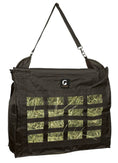Load image into Gallery viewer, Gatsby Nylon Slow Feed Hay Bag by StateLineTack, black with clear hay-view panel and adjustable strap