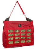 Load image into Gallery viewer, Gatsby Nylon Slow Feed Hay Bag, red nylon with hay-view window panels and Gatsby logo patch