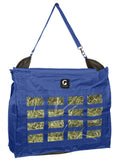 Load image into Gallery viewer, Gatsby nylon slow-feed hay bag by StateLineTack in blue with hay-window panels and adjustable strap.