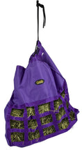 Bild in Galerie-Betrachter laden, Gatsby nylon scratchless slow-feed hay bag by StateLineTack, purple with black hanging cords