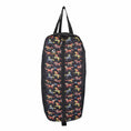 Cargar la imagen en la vista de la galería, Gatsby print nylon padded bridle halter bag; black fabric with colorful horse motif, dual carry handles, Gatsby patch.
