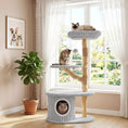 Carica l'immagine nel visualizzatore della galleria, 41-Inch Cat Tower with real wood branches and light-gray rope scratching posts; 3 cats lounging on platforms.