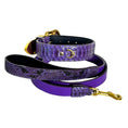Load image into Gallery viewer, Amethyst Royale Python Set purple snakeskin dog collars with gold hardware and matching leash