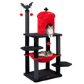 Load image into Gallery viewer, Cat Tree 51-inch Gothic multi-level with spider toy and hammock, black posts, red cubby; 2 cats