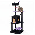 Load image into Gallery viewer, 57-inch Gothic Cat Tower by DirectDeals, black cat tree with purple padded perches and a hanging spider toy, two cats.