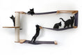 Load image into Gallery viewer, Cat Maze Wall 3-Tier Cat Tree cat condo with wood supports and dark gray fabric ramps, four black kittens.