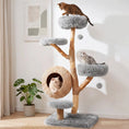 Load image into Gallery viewer, 5-Tier wooden cat tree with woven condo and plush gray perches; three cats