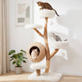 Load image into Gallery viewer, 5-Tier wooden cat tree by DirectDeals with woven condo, plush white perches, jute posts and balls; three cats.