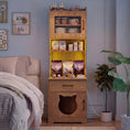 Gallery viewerに画像を読み込む, Cat litter box enclosure in natural wood with warm LED lighting and shelves stocked with cat food and supplies.