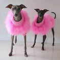 Load image into Gallery viewer, Haute Couture Feathered Luxury Pet Sweater for dogs, pink fluffy fur with ribbed turtleneck, worn by two dogs