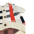 Load image into Gallery viewer, Pet Zen dog sweater in cream knit with red and black plaid blocks and brown buttons
