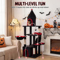 Charger l'image dans la visionneuse de la galerie, 63-Inch Gothic Cat Tree with condo and top cave; black plush, red trim, two large cats.