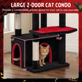 Charger l'image dans la visionneuse de la galerie, Gothic cat tree 63 inches by DirectDeals with black exterior and top cave and red condo openings for large cats