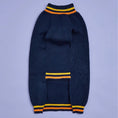 Load image into Gallery viewer, Pet sweater blue knit with orange and yellow striped cuffs and neckline