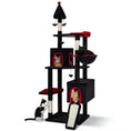 Load image into Gallery viewer, DirectDeals 75-Inch Gothic Cat Tree with 2 condos and top perch; black and red fabric, sisal posts, three cats.