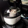 Load image into Gallery viewer, Transparent capsule pet travel trolley carrier with wheels; white base, cat inside.