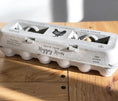 Load image into Gallery viewer, Egg carton by My Pet Chicken; gray pulp carton with vintage Happy Hens print, holds 12 eggs.