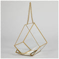 Load image into Gallery viewer, Open Air Glass Bird House by GreaterGood in a gold geometric hanging terrarium.