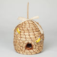 Load image into Gallery viewer, Beehive birdhouse, woven straw backyard habitat with rope hanger and ribbon bow.