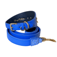 Load image into Gallery viewer, Malibu Star Collar & Leash Set, two-piece blue leather with gold hardware; Allysa Payne Beverly Hills.