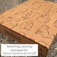 Load image into Gallery viewer, Spooky Cat Haunted House cardboard cat condo by Cat in the Box LLC; brown corrugated box with black cat illustrations.