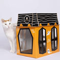 Load image into Gallery viewer, Spooky Cat Haunted House Cardboard Condo by Cat in the Box LLC, orange with black window panels and ghost decals