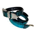 Load image into Gallery viewer, Serpente belt set in blue and black snakeskin with rhinestone buckles by Allysa Payne Beverly Hills