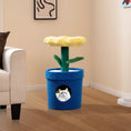 Gallery viewerに画像を読み込む, Cute cat tree with blue fabric base, green trunk, fluffy yellow flower perch, cat peeking from circular opening.