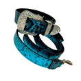 Load image into Gallery viewer, Blue and black Serpente belt set by Allysa Payne Beverly Hills, snakeskin with crystal-encrusted buckle