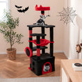 Load image into Gallery viewer, Gothic cat tree in black and red with plush platforms and a dangling spider toy; two cats play on and inside.