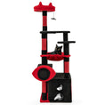 Load image into Gallery viewer, Gothic Cat Tree with plush red and black fabric and spider-dangling toy, shown with three cats