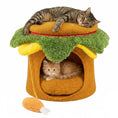 Load image into Gallery viewer, Hamburger cat nest condo with orange bun, green lettuce, and yellow cheese; two cats lounging with chicken drumstick toy