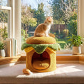 Load image into Gallery viewer, Hamburger Cat Nest with removable cushion, orange bun with green lettuce layers, and a chicken drumstick toy for cats