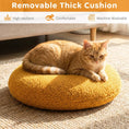 Load image into Gallery viewer, Hamburger Cat Nest with removable cushion in yellow plush, a ginger cat lounging on it indoors.