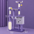 Load image into Gallery viewer, The Premium Purple Multi-Level Cat Tree with carpeted posts, a star-cutout cube, and a hanging pom-pom toy.