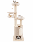 Bild in Galerie-Betrachter laden, The Vanilla Clouds 74-Inch Cat Tower, beige plush cat tree with sisal posts, hammock, bottom cubby, and three cats.