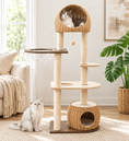 Bild in Galerie-Betrachter laden, The Sorrento Cat Tower by For Animals With Love, natural rattan/wood multi-level cat tree; 2 cats.