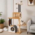 Carica l'immagine nel visualizzatore della galleria, Westbrook Cat Tower with natural wood finish, white panels, black posts, hanging ball toy, and three cats.