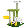 Cargar la imagen en la vista de la galería, Multi-level cat tree in green with rope-wrapped posts, white top perch, and soccer ball toy